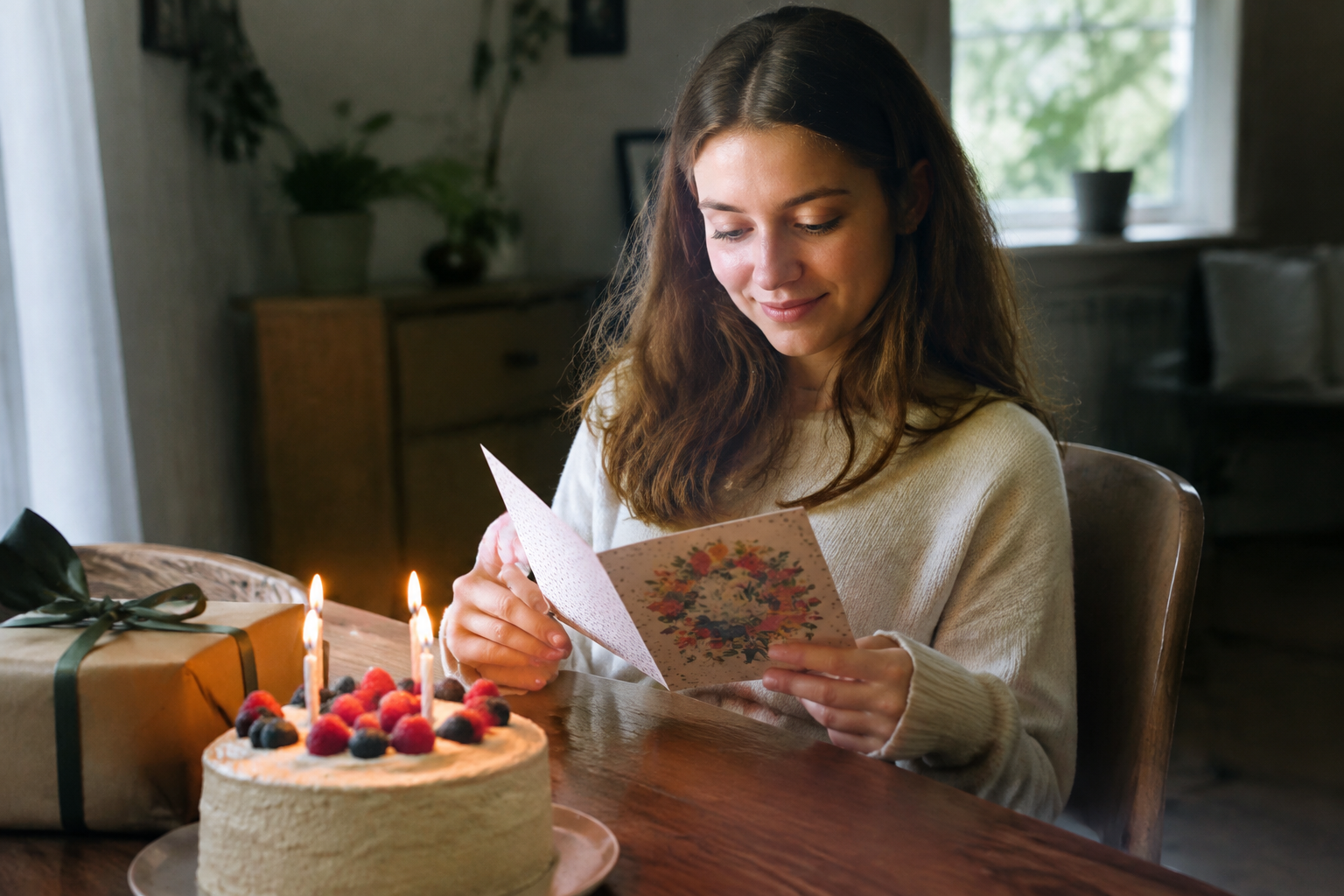 Femme lisant une carte decoree pres du gateau