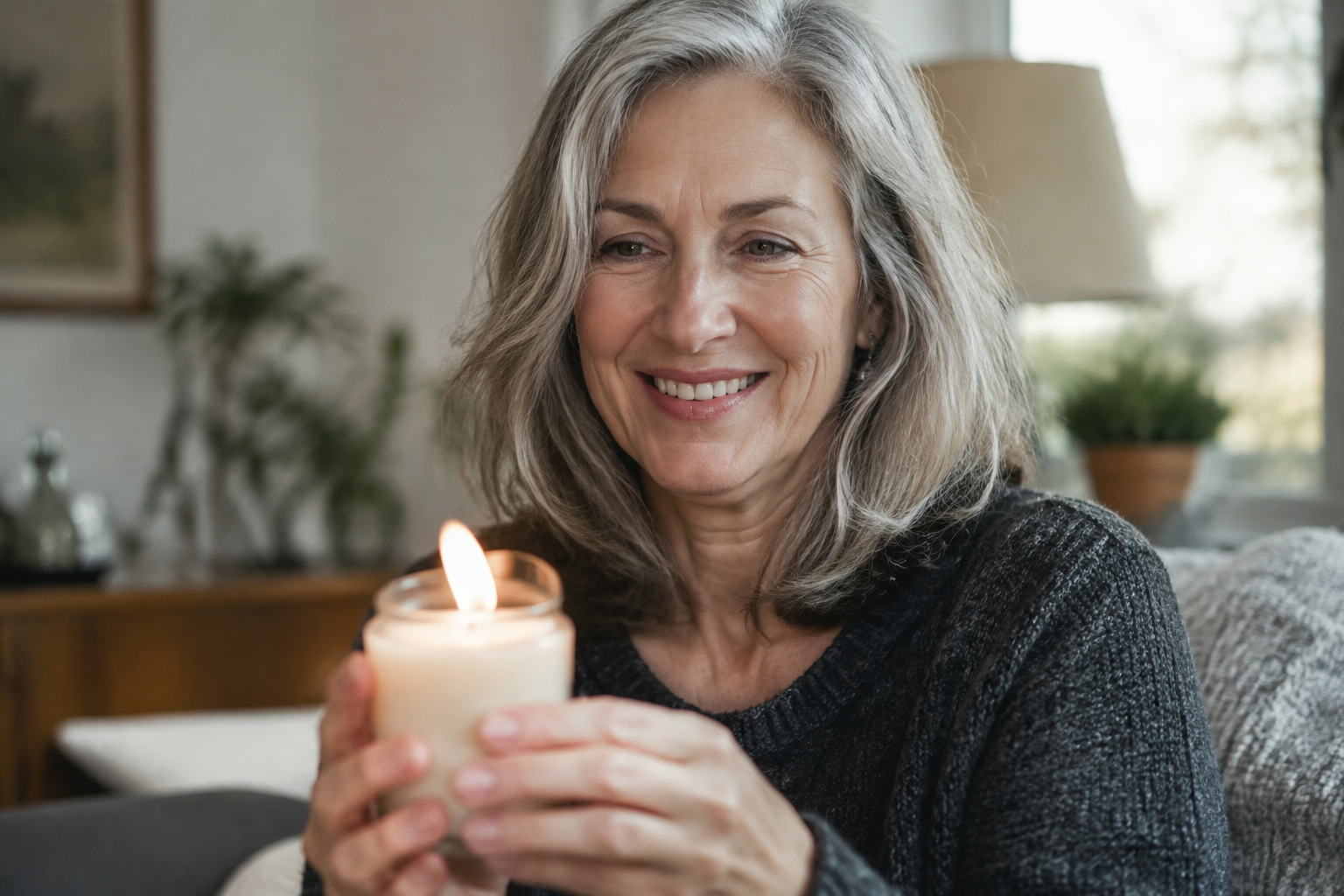 Femme aux cheveux gris souriante tenant une bougie allumee