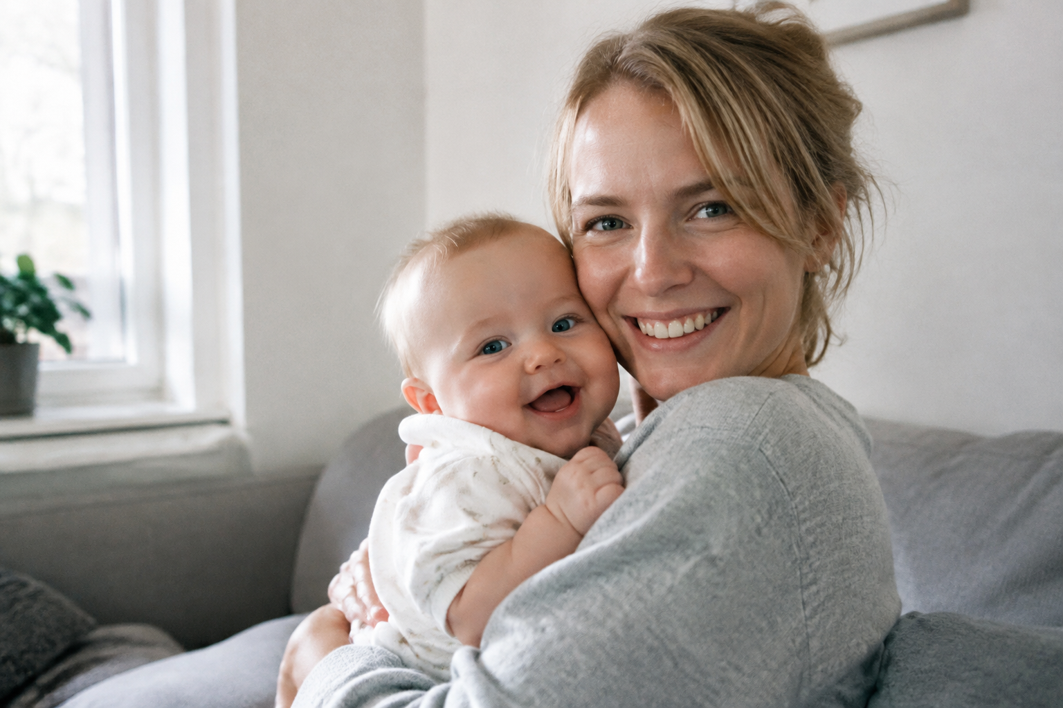 Femme souriante tenant son bebe dans les bras
