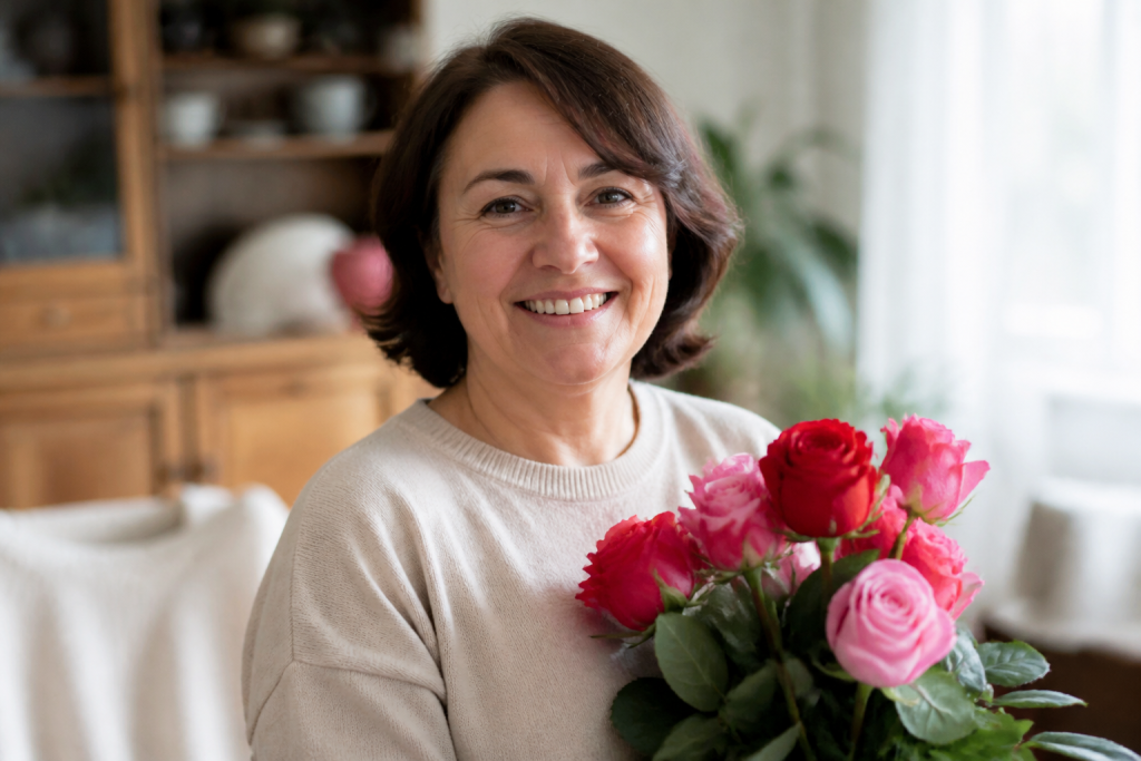 Maman souriante tenant un bouquet de roses
